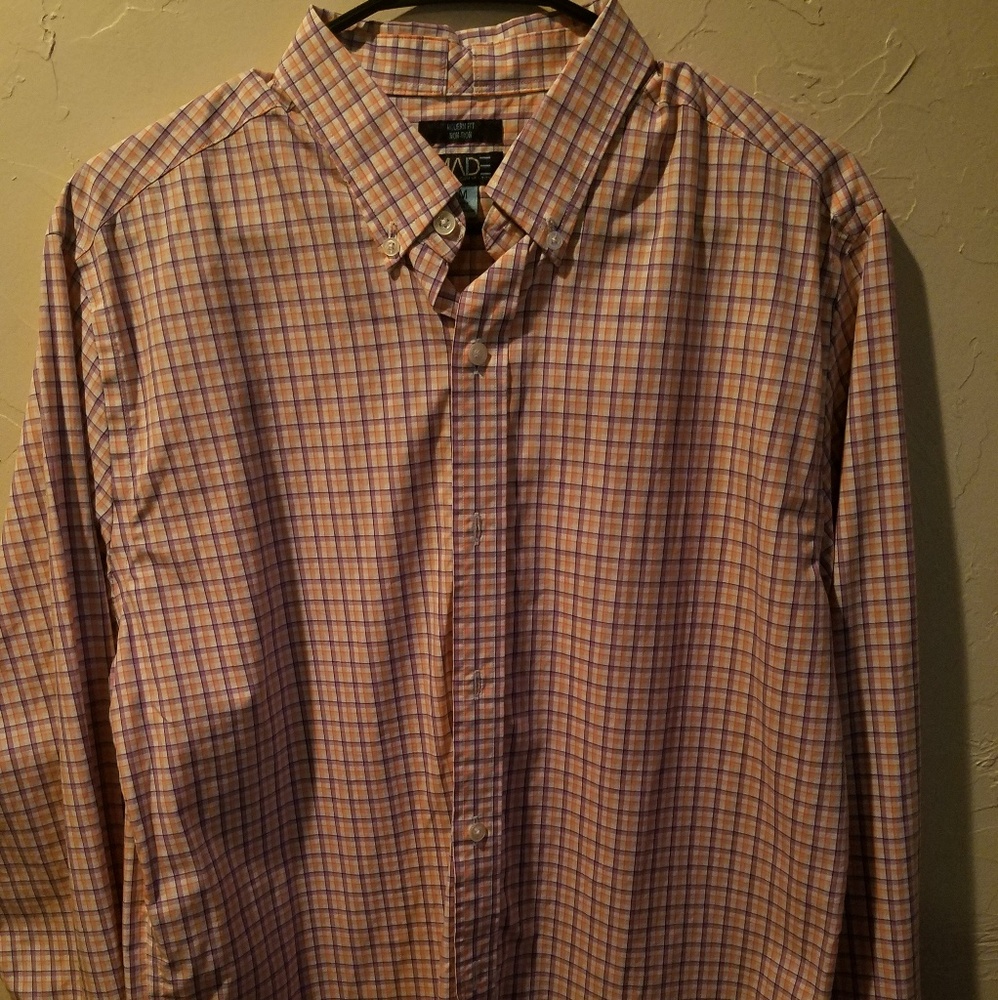 Orange, white, and purple striped shirt
